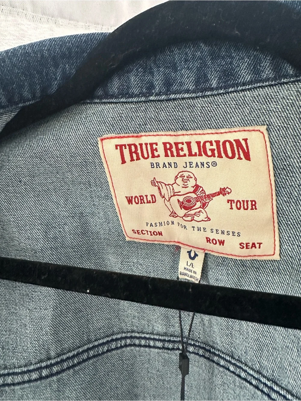 True Religion Men's Dark Blue Denim Jacket with Red Logo